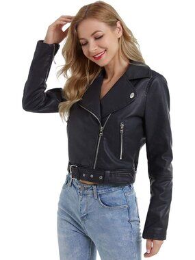 Women Black Faux Leather Cropped Zipper Belted Asymmetric Slim Moto Biker Jacket